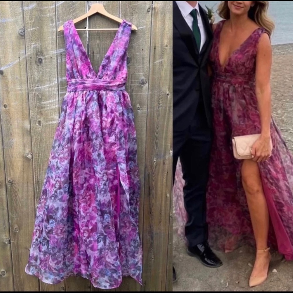 Magenta Watercolor Floral Print Organza Maxi Dress 🌿